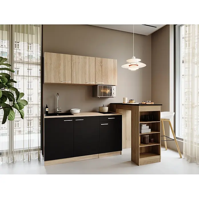 Respekta Miniküche Ingrid - Breite: 150 cm, Schwarz, Mit Bartisch, Mit Kochfeld + Mikrowelle - Kompakte Küchenzeile mit Oberschränken in Holzoptik, schwarzen Unterschränken und integrierter Bartheke, ideal für kleine Räume.