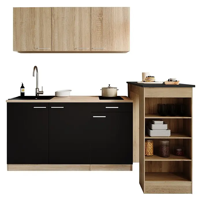 Respekta Miniküche Ingrid - Breite: 150 cm, Schwarz, Mit Bartisch, Mit Kochfeld - Eine moderne Küchenzeile mit hellen Holz-Oberschränken und Regalen, schwarzen Unterschränken, heller Arbeitsplatte, Spüle, Kochfeld und Frühstückstheke.