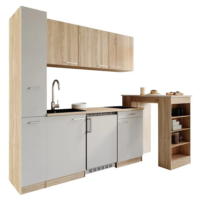 Respekta Küchenzeile Ingrid - Breite: 180 cm, Weiß, Mit Bartisch, Mit Kochfeld + Kühlschrank - Kompakte Küchenzeile in hellem Holz und Hellgrau, mit Stauraum, Spüle, Kochfeld und kleiner Bar.