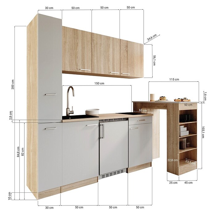 Respekta Küchenzeile Ingrid (Breite: 180 cm, Grau, Mit Bartisch, Mit Kochfeld + Kühlschrank) | BAUHAUS