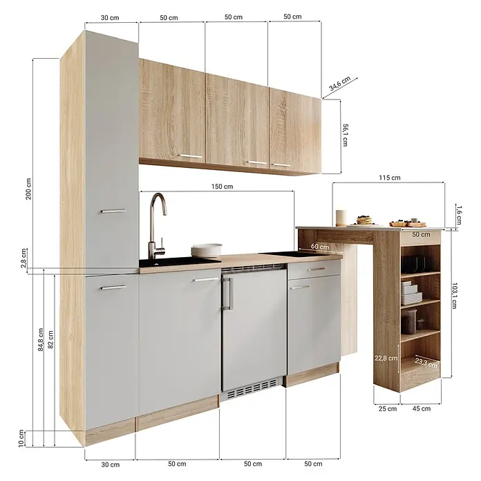 Respekta Küchenzeile Ingrid - Breite: 180 cm, Weiß, Mit Bartisch, Mit Kochfeld + Kühlschrank - Modulare Küchenzeile in heller Holzoptik und Hellgrau, mit Hochschrank, Oberschränken, Unterschränken mit Spüle/Kochfeld, Einbaugerät und Seitenablage mit Regalen.