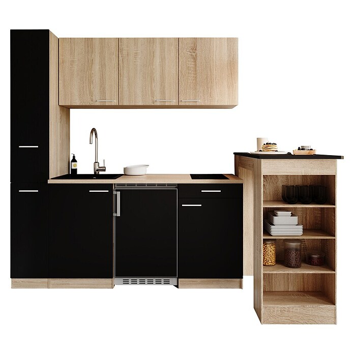 Respekta Küchenzeile Ingrid (Breite: 180 cm, Schwarz, Mit Bartisch, Mit Kochfeld + Kühlschrank) | BAUHAUS