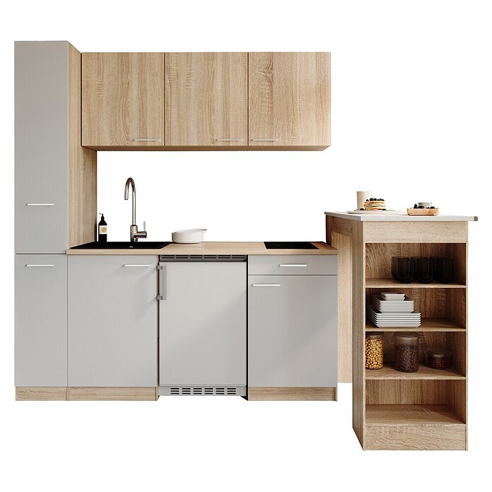 Respekta Küchenzeile Ingrid (Breite: 180 cm, Weiß, Mit Bartisch, Mit Kochfeld + Kühlschrank) | BAUHAUS