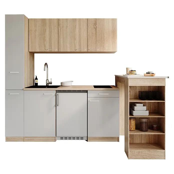 Respekta Küchenzeile Ingrid - Breite: 180 cm, Weiß, Mit Bartisch, Mit Kochfeld + Kühlschrank - Kompakte Küchenzeile mit hellen Holz-Oberschränken, grauen Unterschränken, Spüle, Kochfeld und Regalen.