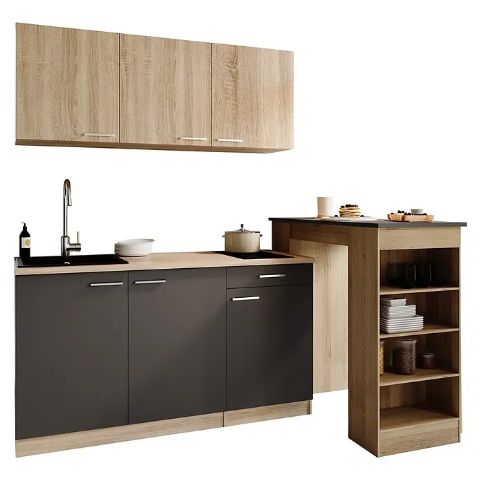 Respekta Miniküche Ingrid - Breite: 150 cm, Grau, Mit Bartisch, Mit Kochfeld - Moderne Küchenzeile mit hellen Holz-Oberschränken, dunkelgrauen Unterschränken, Spüle, Kochfeld und offenem Regal.