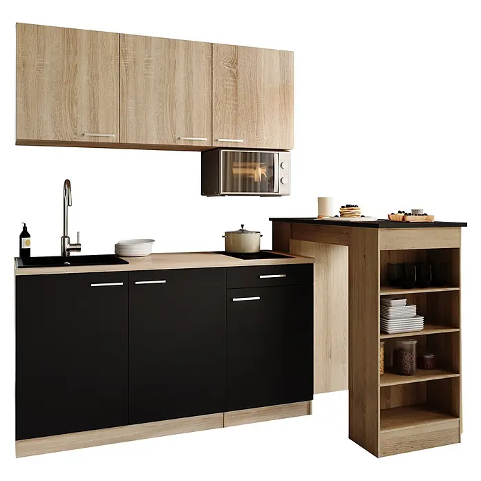 Respekta Miniküche Ingrid - Breite: 150 cm, Schwarz, Mit Bartisch, Mit Kochfeld + Mikrowelle - Kompakte moderne Küchenzeile mit hellen Holz-Oberschränken und schwarzen Unterschränken, inkl. Spüle, Kochfeld und Regal.
