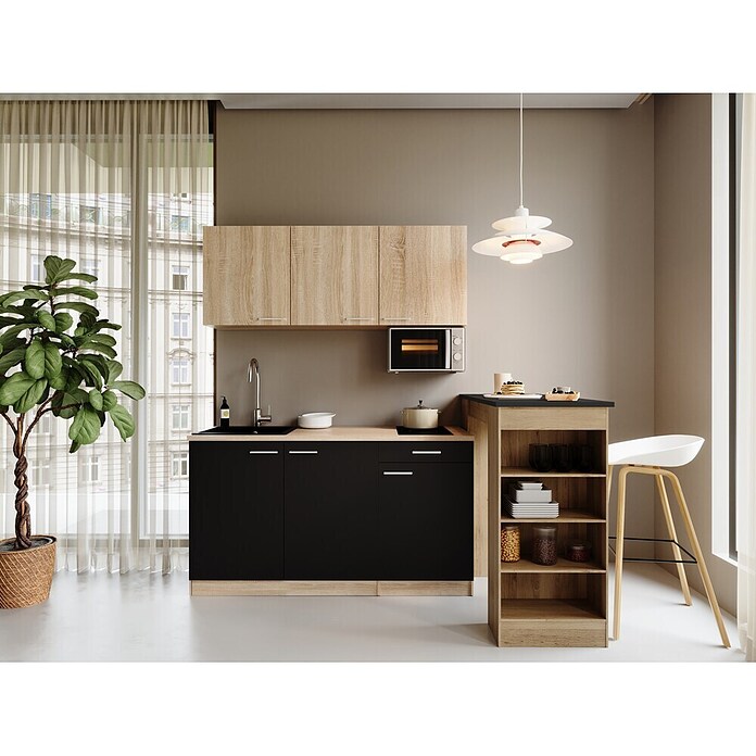 Respekta Miniküche Ingrid (Breite: 150 cm, Schwarz, Mit Bartisch, Mit Kochfeld + Mikrowelle) | BAUHAUS