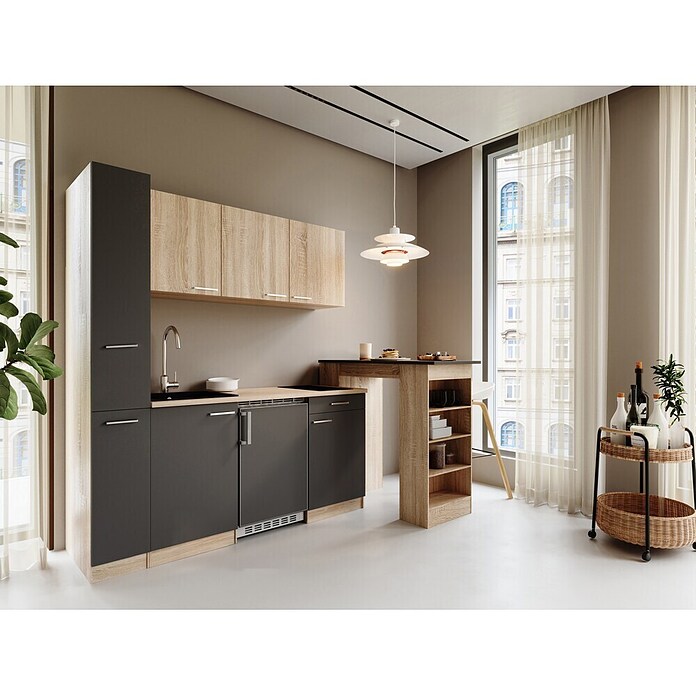 Respekta Küchenzeile Ingrid (Breite: 180 cm, Grau, Mit Bartisch, Mit Kochfeld + Kühlschrank) | BAUHAUS