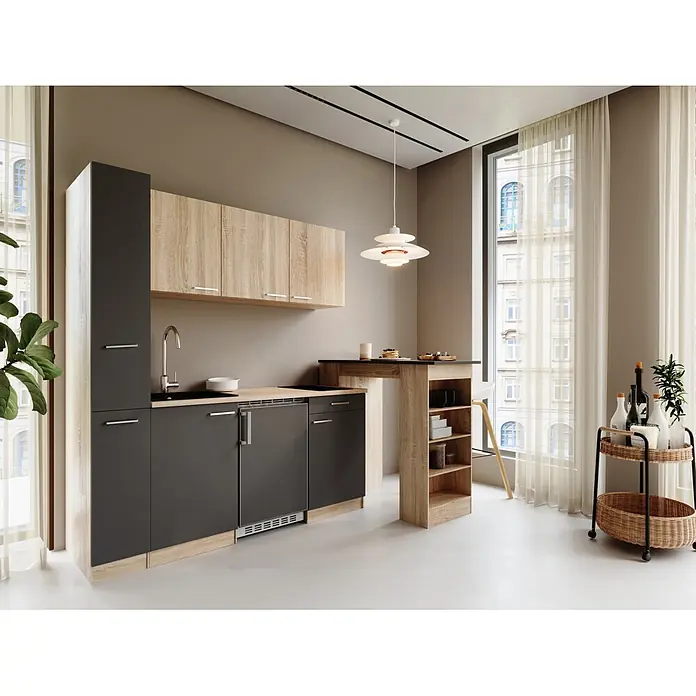 Respekta Küchenzeile Ingrid - Breite: 180 cm, Grau, Mit Bartisch, Mit Kochfeld + Kühlschrank - Moderne Küchenzeile mit hellen Holz- und dunkelgrauen Schränken, inklusive integrierter Frühstückstheke und Regalen.
