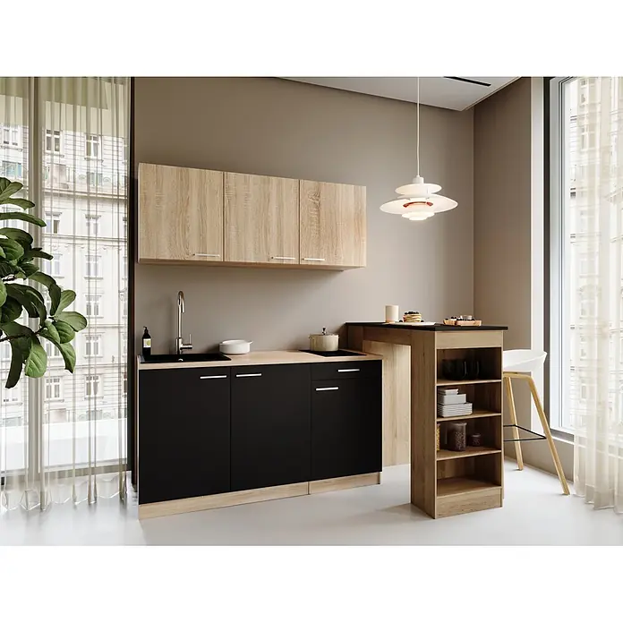 Respekta Miniküche Ingrid - Breite: 150 cm, Schwarz, Mit Bartisch, Mit Kochfeld - Kompakte Küchenzeile mit hellen Holz- und schwarzen Elementen. Mit Schränken, Spüle und integrierter Frühstückstheke.
