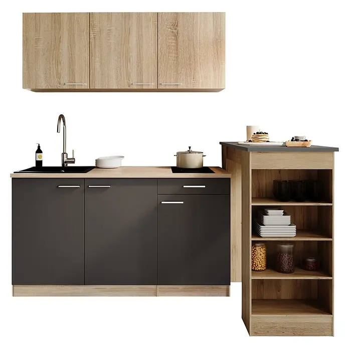 Respekta Miniküche Ingrid - Breite: 150 cm, Grau, Mit Bartisch, Mit Kochfeld - Küchenzeile aus hellem Holz und dunkelgrauen Schränken mit Hängeschränken, Spüle, Kochfeld und offenem Regal.