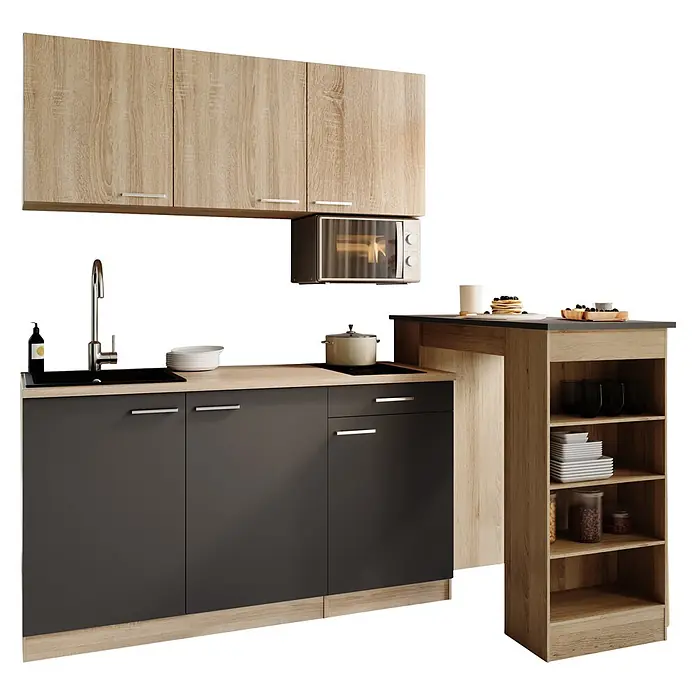 Respekta Miniküche Ingrid - Breite: 150 cm, Grau, Mit Bartisch, Mit Kochfeld + Mikrowelle - Moderne Küchenzeile mit hellen Holz-Oberschränken, anthrazitfarbenen Unterschränken, Spüle, Kochfeld und einer Insel mit Regal.