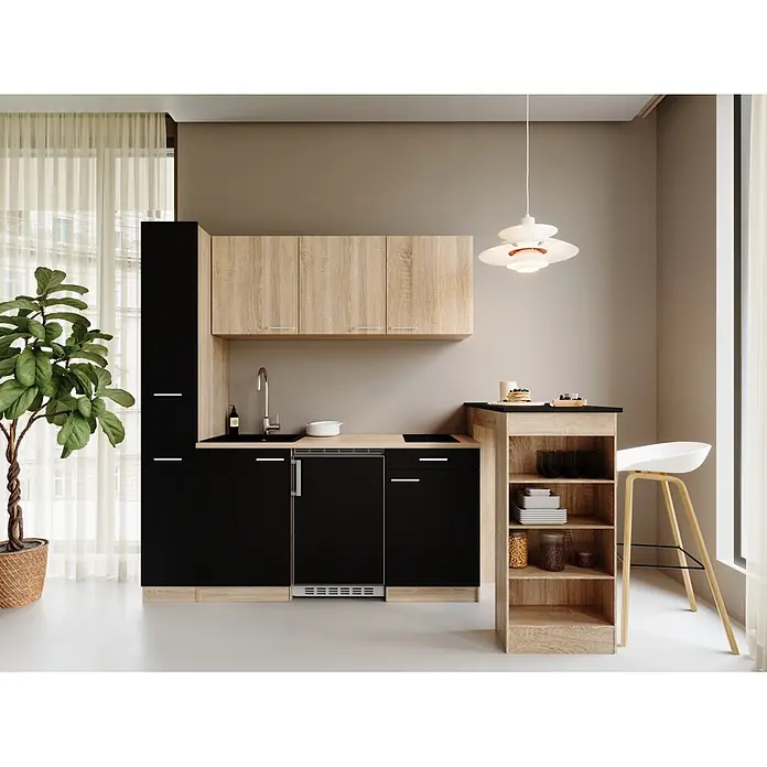 Respekta Küchenzeile Ingrid - Breite: 180 cm, Schwarz, Mit Bartisch, Mit Kochfeld + Kühlschrank - Moderne kompakte Küchenzeile in Schwarz und hellem Holz mit integrierter Spüle, Kochfeld, Kühlschrank und Frühstücksbar.