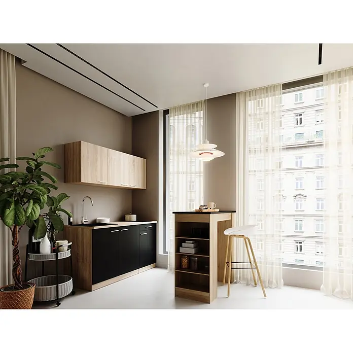 Respekta Miniküche Ingrid - Breite: 150 cm, Schwarz, Mit Bartisch, Mit Kochfeld - Kompakte moderne Küche mit hellen Holz- und schwarzen Schränken, passendem Bartisch und weißem Hocker.