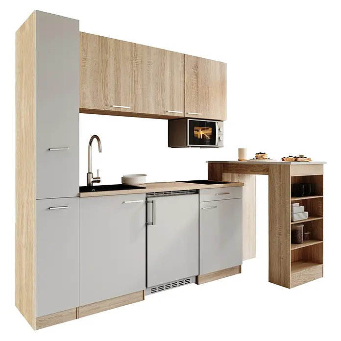 Respekta Küchenzeile Ingrid - Breite: 180 cm, Weiß, Mit Bartisch, Mit Kochfeld + Kühlschrank + Mikrowelle - Kompakte Küchenzeile mit hellen Holz- und grauen Schränken, integrierter Spüle, Herd, Mikrowelle, Kühlschrank und Bartheke.