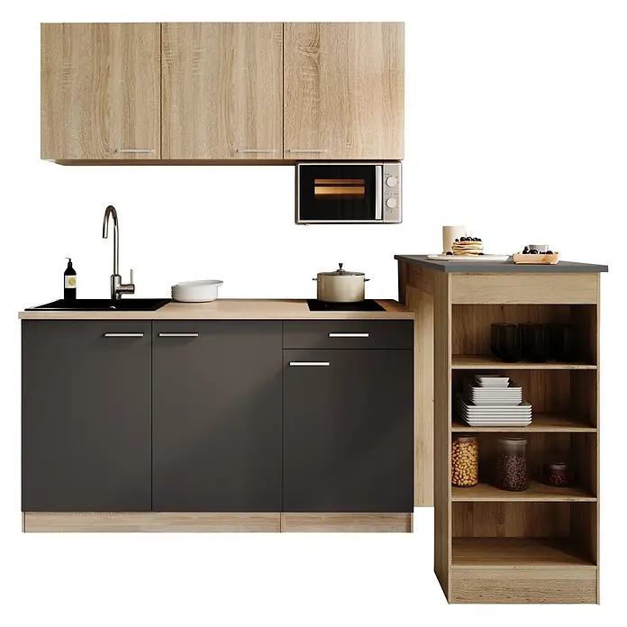 Respekta Miniküche Ingrid - Breite: 150 cm, Grau, Mit Bartisch, Mit Kochfeld + Mikrowelle - Kompakte Küchenzeile aus hellem Holz und dunkelgrauen Elementen mit Oberschränken, Unterschränken, Spüle, Mikrowelle und offenen Regalen.
