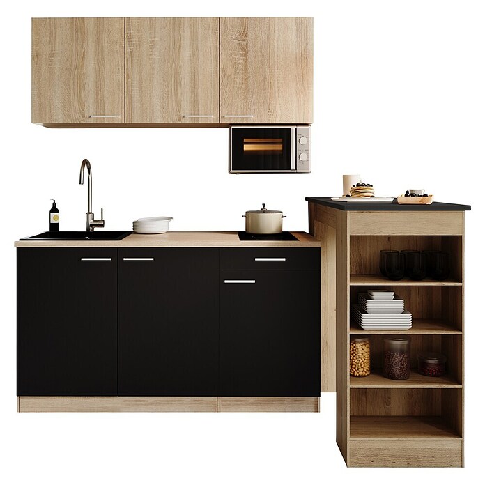 Respekta Miniküche Ingrid (Breite: 150 cm, Schwarz, Mit Bartisch, Mit Kochfeld + Mikrowelle) | BAUHAUS