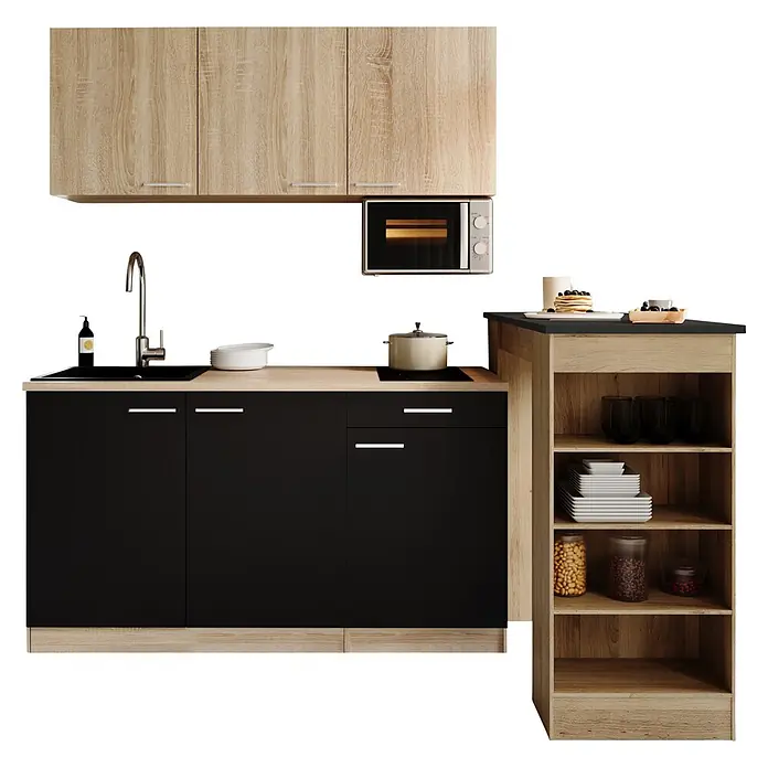 Respekta Miniküche Ingrid - Breite: 150 cm, Schwarz, Mit Bartisch, Mit Kochfeld + Mikrowelle - Moderne Küchenzeile mit hellen Holzschränken und schwarzen Unterschränken, inkl. Spüle, Kochfeld und Mikrowelle.