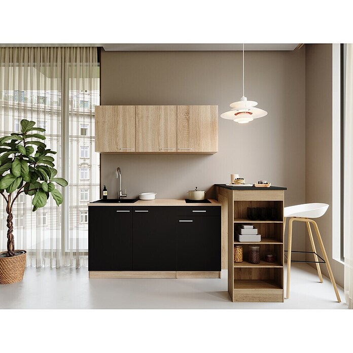 Respekta Miniküche Ingrid (Breite: 150 cm, Schwarz, Mit Bartisch, Mit Kochfeld) | BAUHAUS