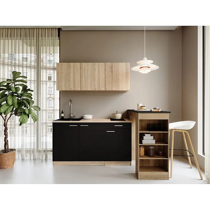 Respekta Miniküche Ingrid - Breite: 150 cm, Schwarz, Mit Bartisch, Mit Kochfeld - Kompakte Küchenzeile in heller Holzoptik und Schwarz, mit Spüle, Kochfeld und Seitenregal, ideal für kleine Wohnräume.