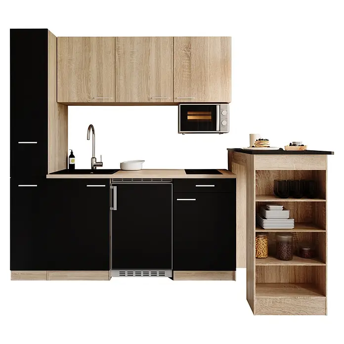 Respekta Küchenzeile Ingrid - Breite: 180 cm, Schwarz, Mit Bartisch, Mit Kochfeld + Kühlschrank + Mikrowelle - Moderne Küchenzeile mit schwarzen Schränken und hellen Holzpaneelen, Spüle, Kochfeld, Mikrowelle und Regalen.