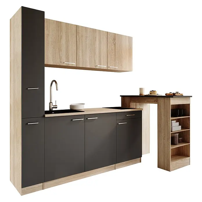 Respekta Küchenzeile Ingrid - Breite: 180 cm, Grau, Mit Bartisch, Mit Kochfeld - Moderne Küchenzeile mit hellen Holz- und dunkelgrauen Schränken, Spüle, Kochfeld und integriertem Bartisch mit Regalen.