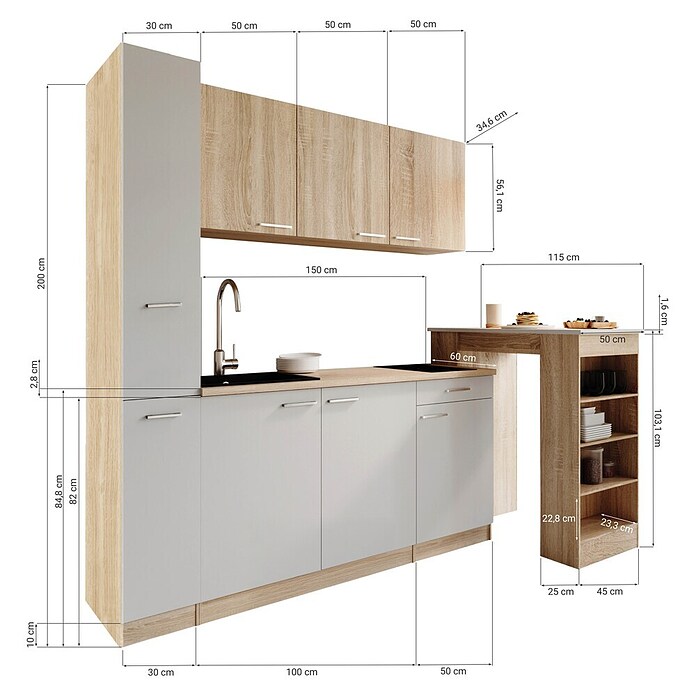 Respekta Küchenzeile Ingrid (Breite: 180 cm, Grau, Mit Bartisch, Mit Kochfeld) | BAUHAUS