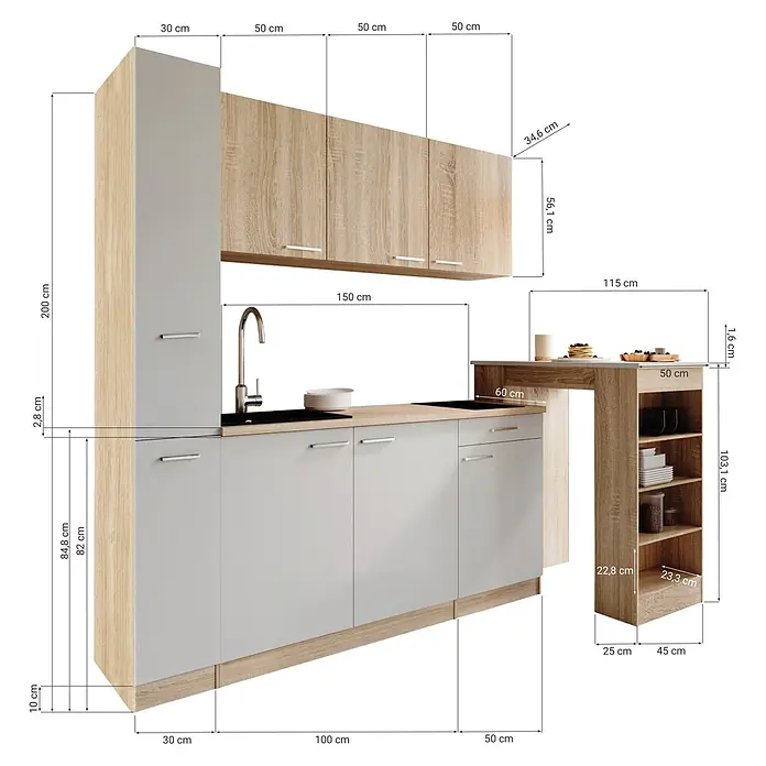 Respekta Küchenzeile Ingrid - Breite: 180 cm, Grau, Mit Bartisch, Mit Kochfeld + Mikrowelle - Moderne Küchenzeile in heller Holzoptik und Hellgrau, mit Hochschrank, Ober- und Unterschränken mit Spüle und integriertem Bartisch mit Regalen.