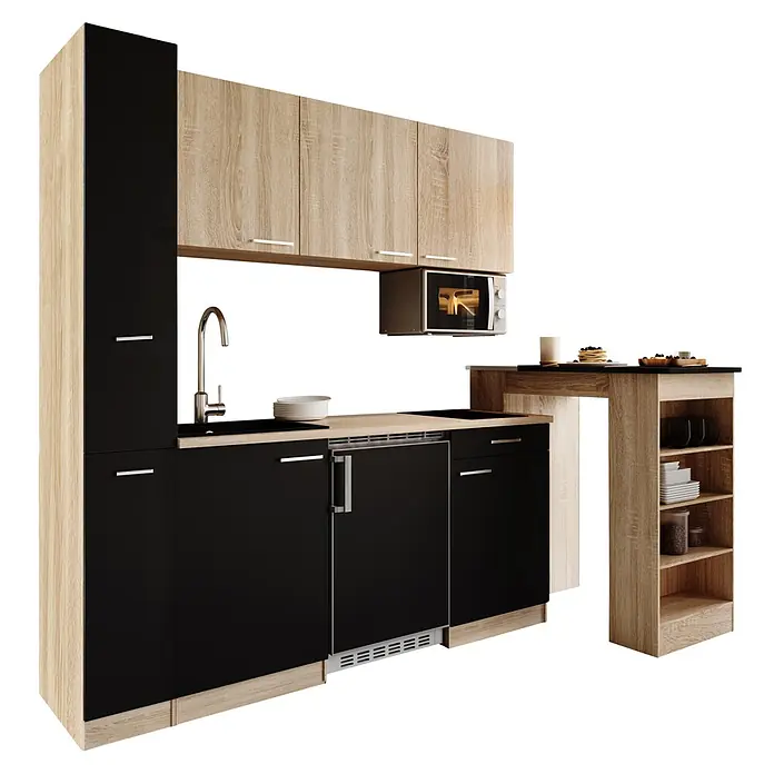 Respekta Küchenzeile Ingrid - Breite: 180 cm, Schwarz, Mit Bartisch, Mit Kochfeld + Kühlschrank + Mikrowelle - Kompakte Küchenzeile mit schwarzen Fronten und hellen Holzelementen, Spüle, Mikrowelle, Kühlschrank und integriertem Bartisch mit Regalen.