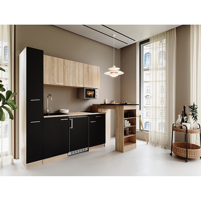 Respekta Küchenzeile Ingrid (Breite: 180 cm, Schwarz, Mit Bartisch, Mit Kochfeld + Kühlschrank + Mikrowelle) | BAUHAUS