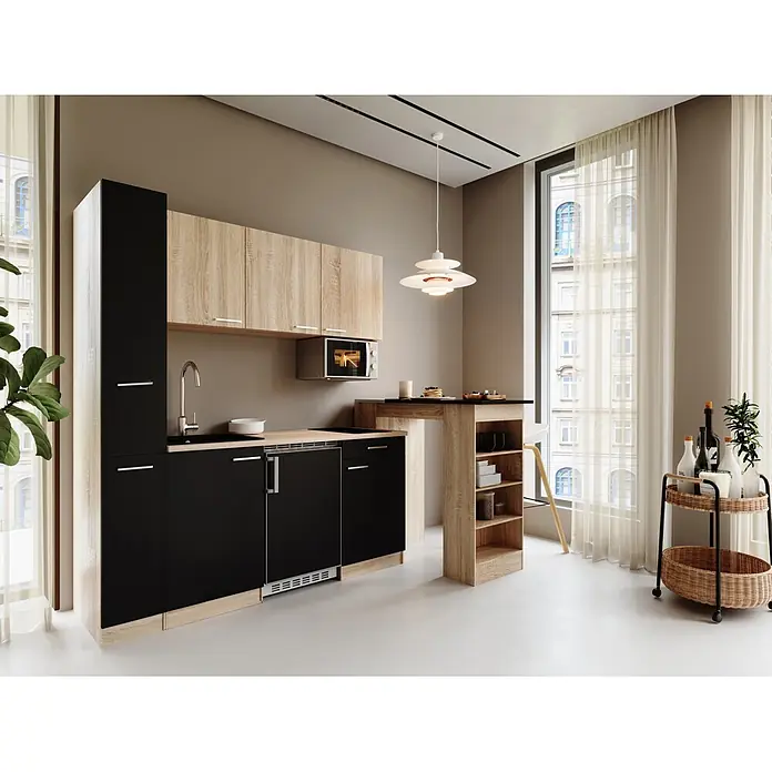 Respekta Küchenzeile Ingrid - Breite: 180 cm, Schwarz, Mit Bartisch, Mit Kochfeld + Kühlschrank + Mikrowelle - Eine moderne Kompaktküche mit schwarzen Unterschränken, holzfarbenen Oberschränken, integrierter Spüle und einer Frühstücksbar mit Stauraum.