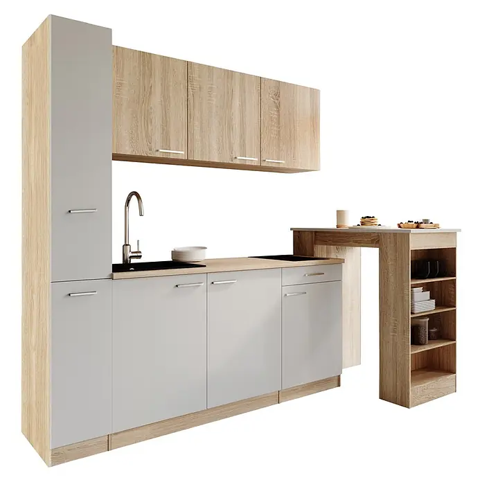 Respekta Küchenzeile Ingrid - Breite: 180 cm, Weiß, Mit Bartisch, Mit Kochfeld - Moderne Küchenzeile mit hellen Holz- und grauen Fronten, Spüle, Kochfeld und seitlicher Theke mit Regalen.