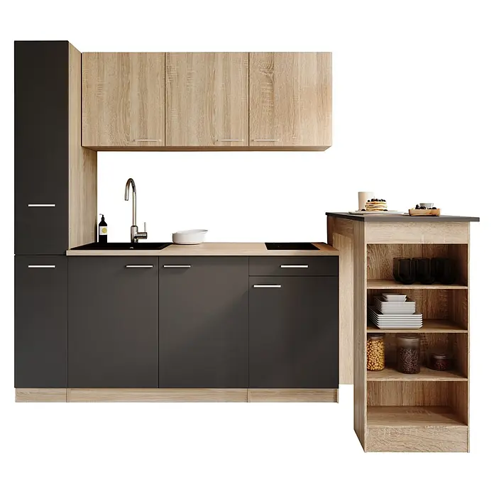 Respekta Küchenzeile Ingrid - Breite: 180 cm, Grau, Mit Bartisch, Mit Kochfeld - Moderne modulare Küche in Dunkelgrau und hellem Holz, mit Spüle, Kochfeld und offenem Regal.