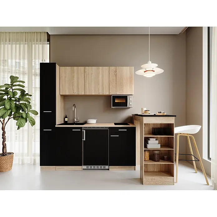 Respekta Küchenzeile Ingrid - Breite: 180 cm, Schwarz, Mit Bartisch, Mit Kochfeld + Kühlschrank + Mikrowelle - Kompakte Küchenzeile mit schwarzen und hellen Holzelementen, Spüle, Kochfeld, Mikrowelle und integriertem Regal mit Barhocker.