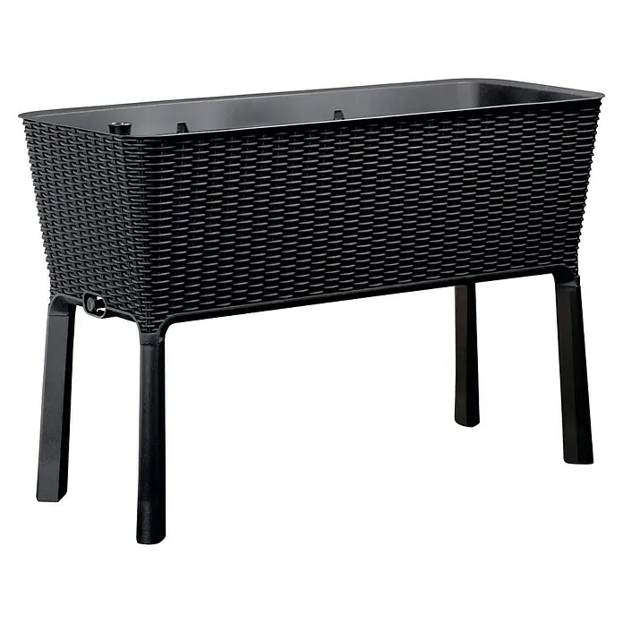 Keter Hochbeet Easy Growing - 114 x 49,3 x 75,7 cm, Kunststoff, Dunkelgrau - Ein erhöhter, rechteckiger Pflanzkasten aus schwarzem Rattan mit passenden Beinen, ideal für Garten oder Terrasse.