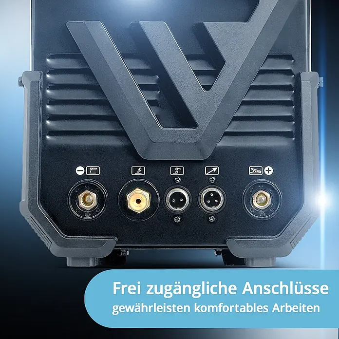 STAHLWERK WIG-Schweißgerät AC/DC WIG 200 Puls ST WIG-Schweißgerät - Schweißstrom: 200 A, 230 V - Rückseite eines dunkelgrauen Industriegeräts mit fünf zugänglichen Anschlüssen für Strom und Signale und V-förmigem Design.