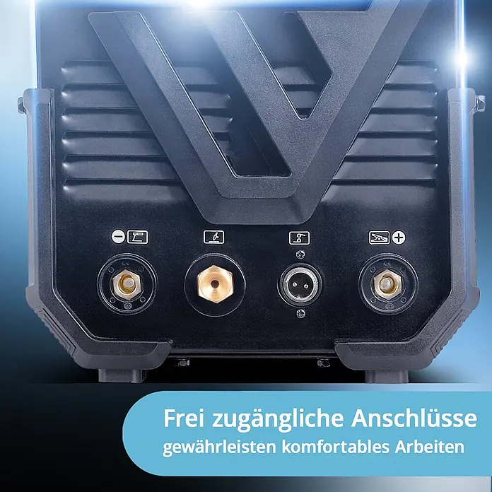 STAHLWERK Kombi-Schweißgerät Kombi Schweißgerät AC/DC WIG 200 ST IGBT - Schweißstrom: 200 A - Rückansicht eines schwarzen Schweißgeräts mit gut zugänglichen Anschlüssen.