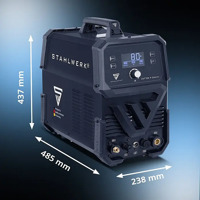 STAHLWERK Plasmaschneider Plasmaschneider CUT 80 P Digital THC - Schweißstrom: 80 A, 400 V - Dunkelgrauer STAHLWERK CUT 80 P DIGITAL Plasmaschneider mit Digitalanzeige (80 A) und Maßen: 437x485x238 mm.