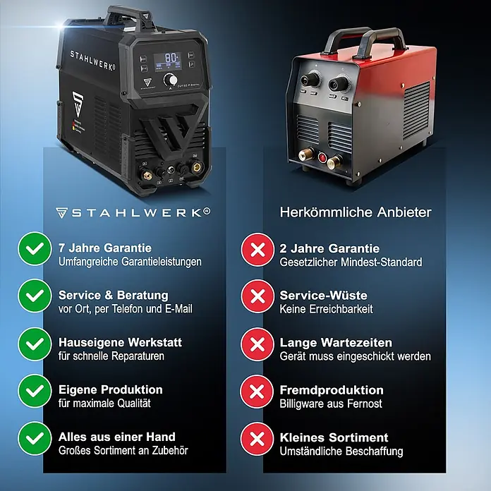 STAHLWERK Plasmaschneider Plasmaschneider CUT 80 P Digital THC - Schweißstrom: 80 A, 400 V - Eine schwarze STAHLWERK Schweißmaschine mit Digitalanzeige und ein rotes konventionelles Schweißgerät.