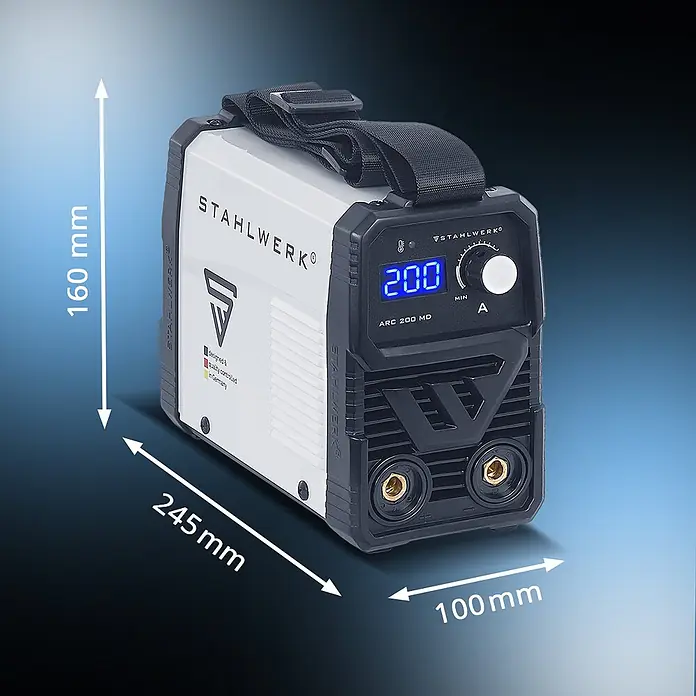 STAHLWERK Elektrodenschweißgerät Elektrodenschweißgerät ARC 200 MD -  - Weiß-schwarzes STAHLWERK ARC 200 MD Inverter-Schweißgerät mit Digitalanzeige, 160mm H x 245mm L x 100mm B.