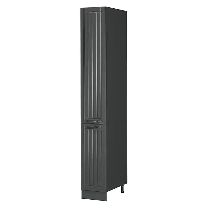 Vicco Schrankküche Fame-Line Dunkelgrau - Dunkelgrau, Apothekerhochschrank 30 cm - Hoher dunkelgrauer Schrank mit geriffelten Türen, zwei Abschnitten und dunklen Griffen.