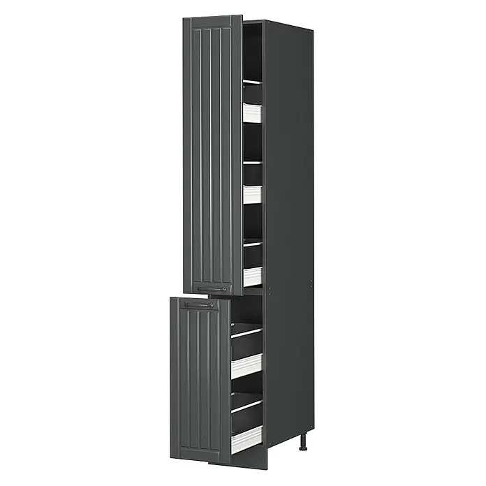 Vicco Schrankküche Fame-Line Dunkelgrau - Dunkelgrau, Apothekerhochschrank 30 cm - Hoher, dunkelgrauer Schrank mit vertikalen Paneeltüren, leicht geöffnet mit Auszugsfächern im Inneren.