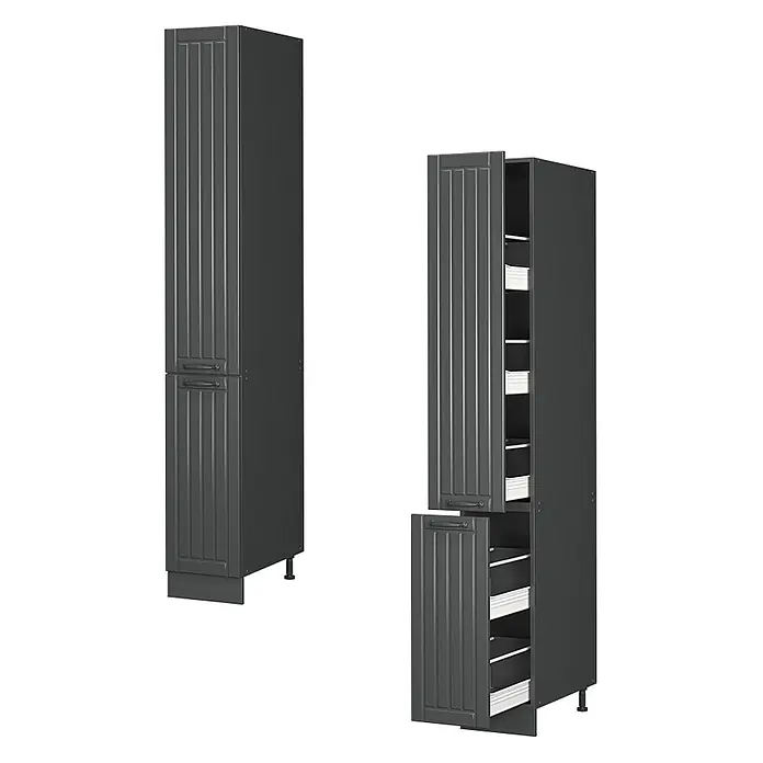 Vicco Schrankküche Fame-Line Dunkelgrau - Dunkelgrau, Apothekerhochschrank 30 cm - Dunkelgrauer Hochschrank mit geriffelten Türen, geschlossen und geöffnet mit herausziehbaren Aufbewahrungselementen.