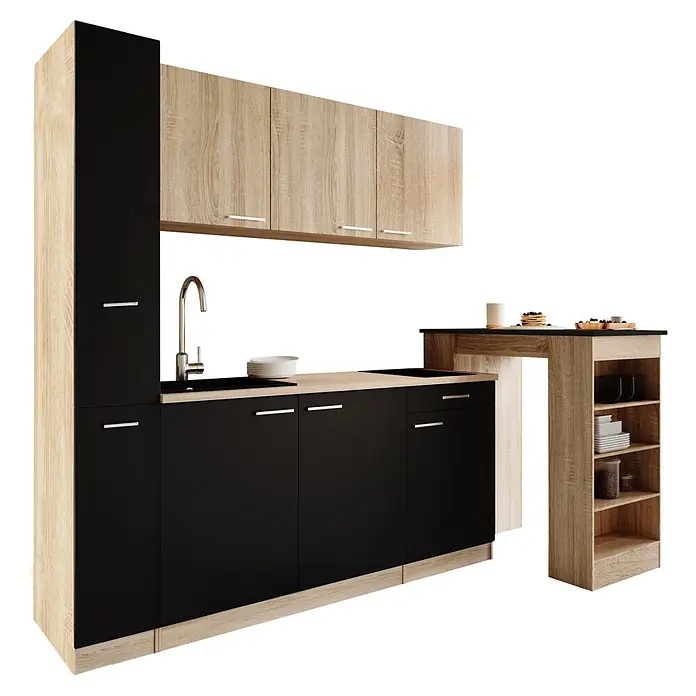 Respekta Küchenzeile Ingrid - Breite: 180 cm, Schwarz, Mit Bartisch, Mit Kochfeld - Moderne Küchenzeile mit schwarzen Unterschränken, hellen Holz-Oberschränken, Hochschrank und einer Insel mit offenen Regalen.