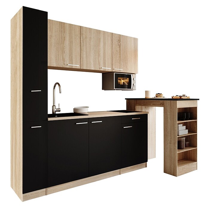 Respekta Küchenzeile Ingrid (Breite: 180 cm, Schwarz, Mit Bartisch, Mit Kochfeld + Mikrowelle) | BAUHAUS