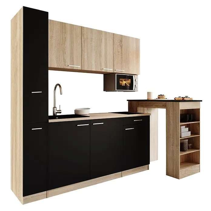Respekta Küchenzeile Ingrid - Breite: 180 cm, Schwarz, Mit Bartisch, Mit Kochfeld + Mikrowelle - Moderne Küchenzeile mit hellen Holz- und schwarzen Schränken, Spüle, Mikrowelle und funktionaler Bartheke mit Regalen.