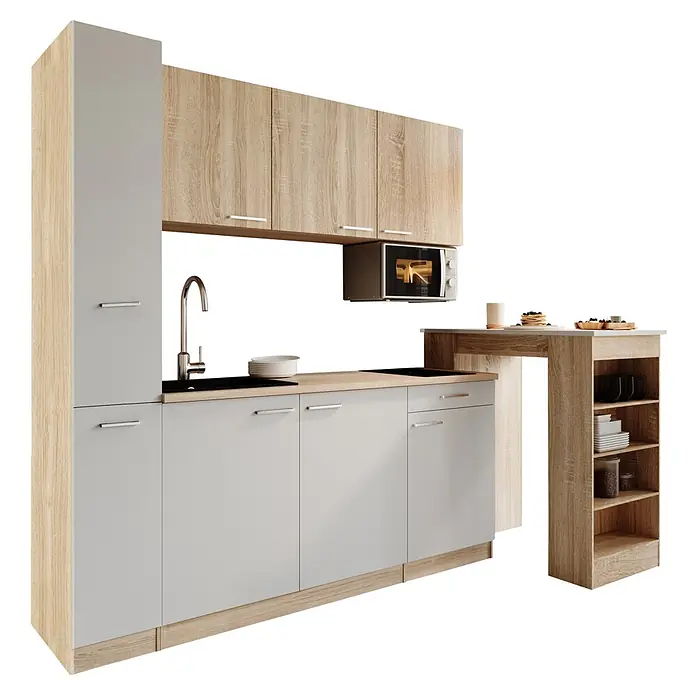 Respekta Küchenzeile Ingrid - Breite: 180 cm, Weiß, Mit Bartisch, Mit Kochfeld + Mikrowelle - Moderne Küche in heller Holzoptik und Grau mit Spüle, Kochfeld, Mikrowelle und Bartresen mit Regalen. Bietet Stauraum und Arbeitsfläche.