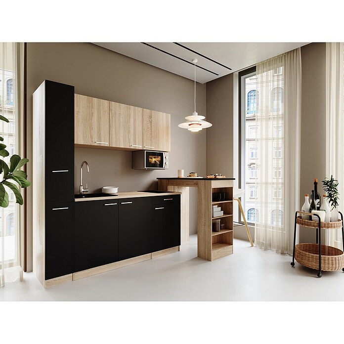 Respekta Küchenzeile Ingrid (Breite: 180 cm, Schwarz, Mit Bartisch, Mit Kochfeld + Mikrowelle) | BAUHAUS