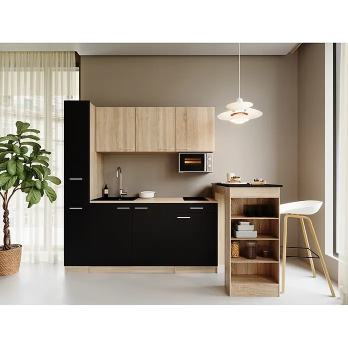 Respekta Küchenzeile Ingrid - Breite: 180 cm, Schwarz, Mit Bartisch, Mit Kochfeld + Mikrowelle - Kompakte moderne Küche mit schwarzen und hellen Holzfronten, Spüle, Kochfeld, Mikrowelle und kleiner Insel mit Regalen.