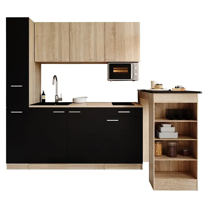 Respekta Küchenzeile Ingrid - Breite: 180 cm, Schwarz, Mit Bartisch, Mit Kochfeld + Mikrowelle - Moderne Küchenzeile in Schwarz und hellem Holz mit Spüle, Kochfeld, Mikrowelle und offenen Regalen.